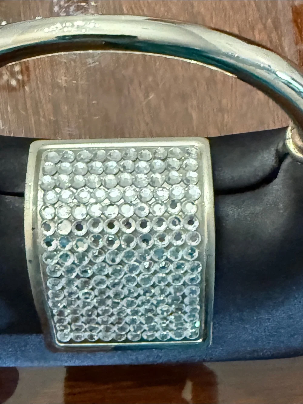 Cache Black Satin Evening Handbag with Crystal Accent and Silver Handle